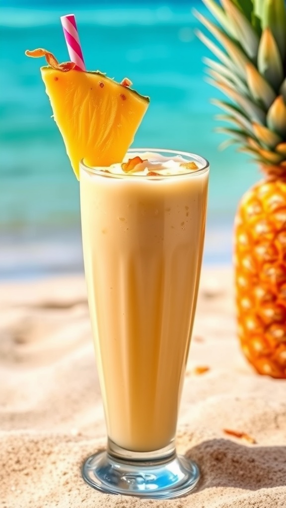 A tall glass of coconut rum and pineapple shake garnished with pineapple slice and coconut flakes, set against a beach background.